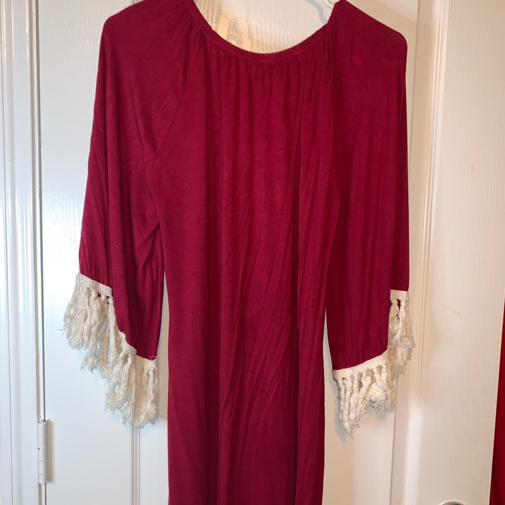 Maroon, off the shoulder dress